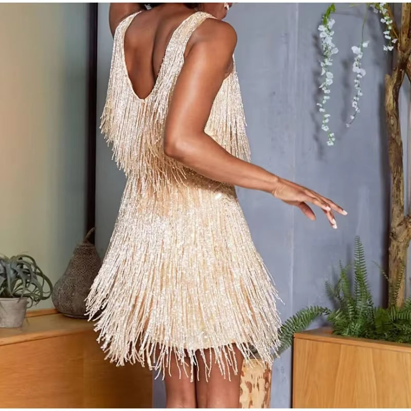 2025 New Sexy Tassel Sequins Feather Mini Dress Women Spaghetti Strap Stitching Dresses Female Elegant Evening Party Club Dress