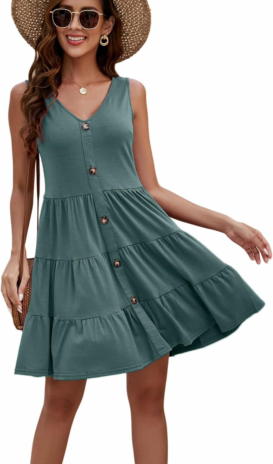 Women'S Button Front Dress Summer Sleeveless V-Neck Pleated Swing Dresses