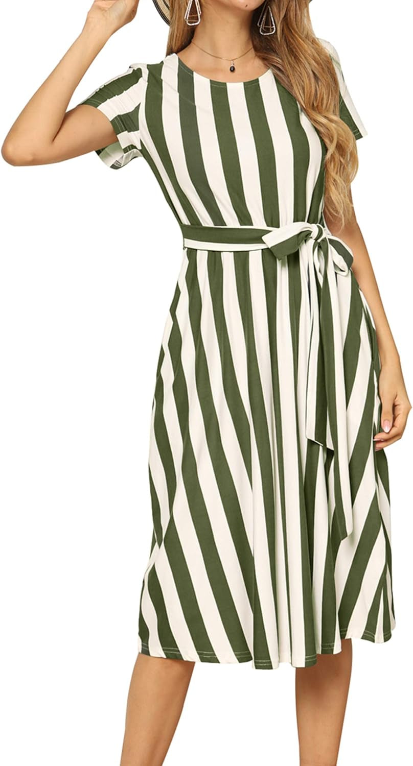 Women'S Short Sleeve Striped Casual Flowy Midi Belt Dress with Pockets