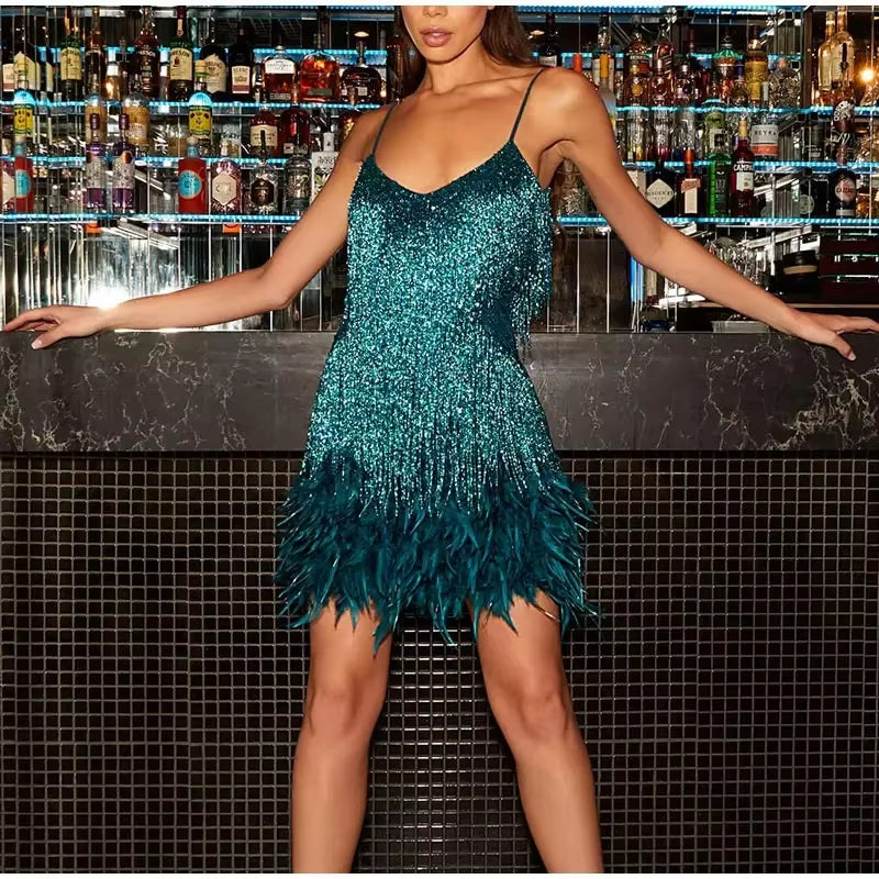 2025 New Sexy Tassel Sequins Feather Mini Dress Women Spaghetti Strap Stitching Dresses Female Elegant Evening Party Club Dress