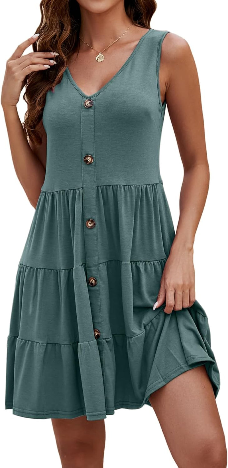 Women'S Button Front Dress Summer Sleeveless V-Neck Pleated Swing Dresses