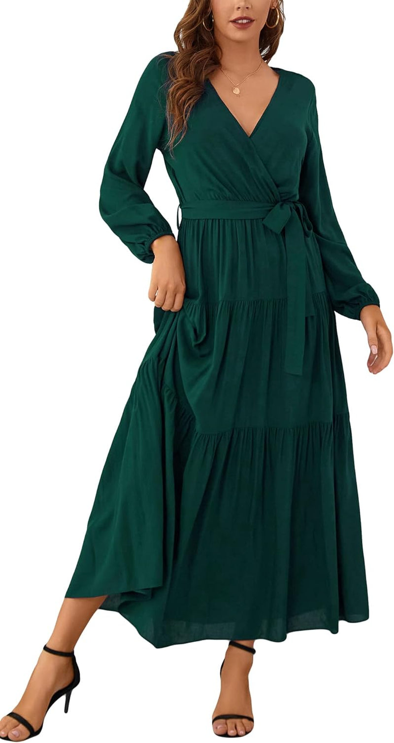 Womens V Neck Long Sleeve Casual a Line Tiered Fall Vintage Party Midi Long Maxi Dress with Belt